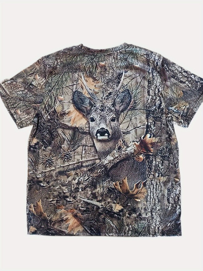 Deer In The Forest 3D Graphic Print Men's Novelty Short Sleeve Crew Neck T-shirt, Summer Outdoor