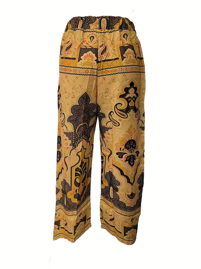 Mens Fashion Casual Niche Pattern Printed Loose Wide Leg Trousers Side Pocket Pants Large Size Pants