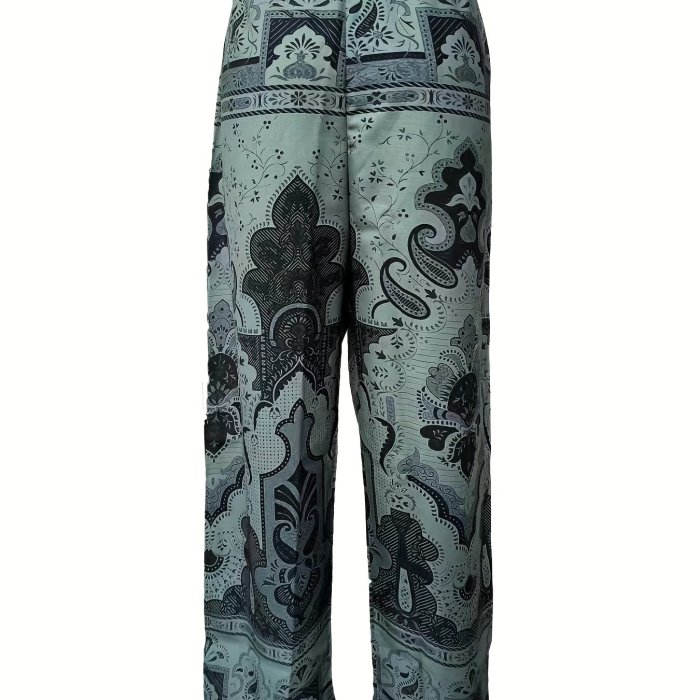 Mens Fashion Casual Niche Pattern Printed Loose Wide Leg Trousers Side Pocket Pants Large Size Pants