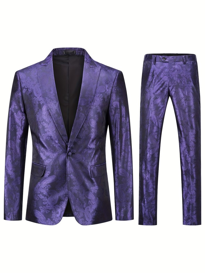 Formal 2 Pieces Set, Men's One Button Jacquard Suit Jacket & Dress Pants Suit Set For Business Dinner Wedding Party