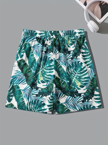 Tropical Leaves Pattern Men's All-match Drawstring Shorts With Pockets For Summer Beach Sports