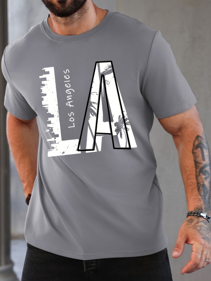 LA Creative Print Men's Casual Short Sleeve Crew Neck T-shirt, Summer Outdoor, Resort Vacation