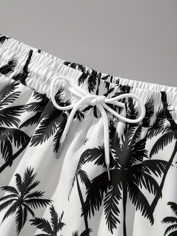 Retro Style Coconut Trees Print Men's Casual Drawstring Shorts With Pockets For Summer Beach Holiday