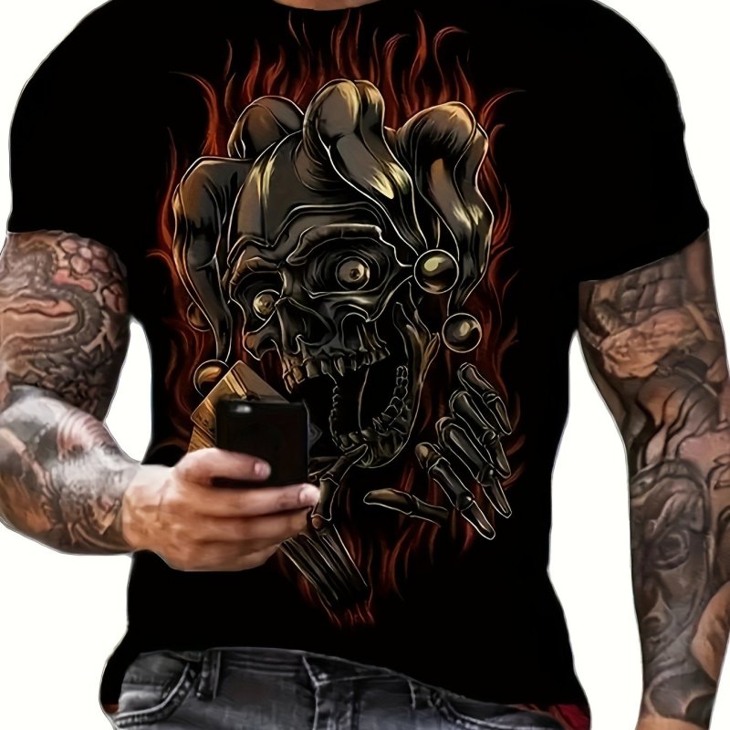 Skeleton Clown And Flame Comic Pattern Men's Trendy Short Sleeve Crew Neck T-shirt, Summer Outdoor