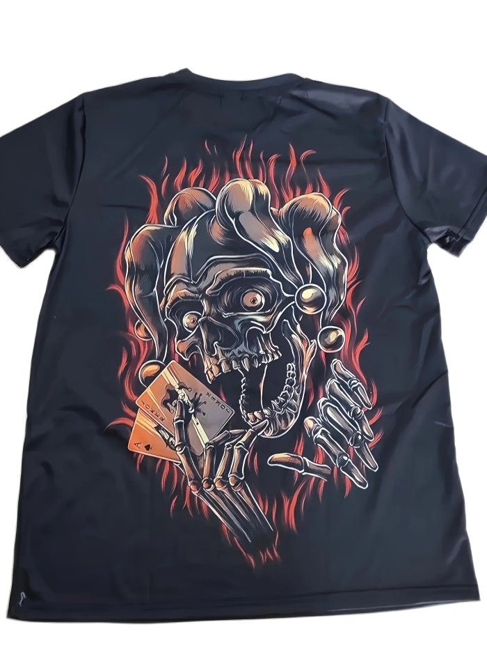Skeleton Clown And Flame Comic Pattern Men's Trendy Short Sleeve Crew Neck T-shirt, Summer Outdoor