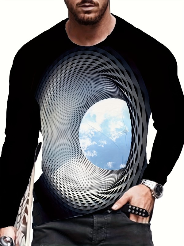 3D Geometric Print Men's Trendy Graphic Long Sleeve Fit T-shirt, Spring Fall