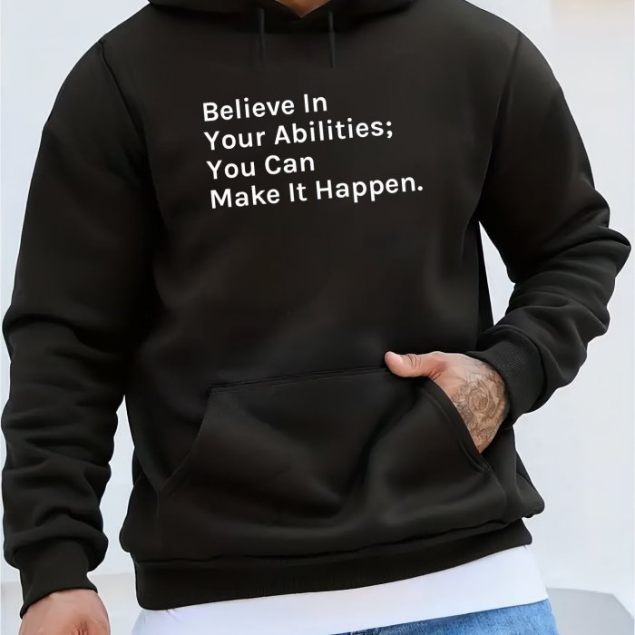 Belief Abilities Print Men's Pullover Round Neck Hoodies With Kangaroo Pocket Long Sleeve Hooded Sweatshirt Loose Casual Top For Autumn Winter Men's Clothing As Gifts