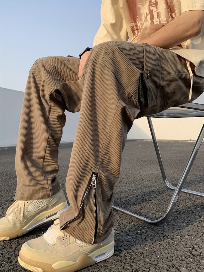 Trendy Solid Corduroy Cargo Pants, Men's Multi Flap Pocket Drawstring Trousers, Loose Casual Outdoor Pants, Men's Work Pants Outdoors Streetwear Hip Hop Style