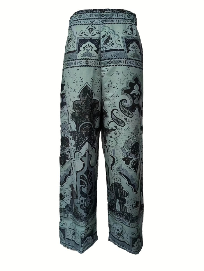 Mens Fashion Casual Niche Pattern Printed Loose Wide Leg Trousers Side Pocket Pants Large Size Pants