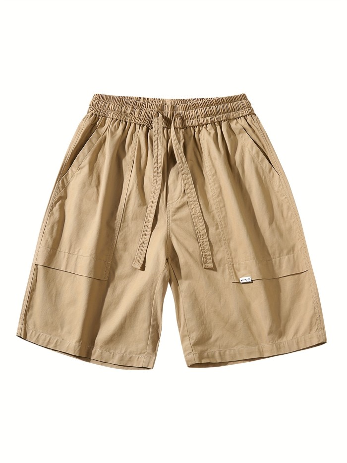 Men's Classic Solid Cotton Cargo Shorts With Multi Pockets, Active Elastic Waist Drawstrings Shorts For Hiking Camping