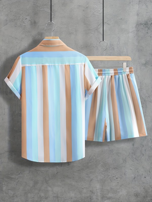 2-piece Men's Color Block Summer Vacation Outfit Set, Men's Stylish Short Sleeve Lapel Shirt & Drawstring Shorts With Pockets