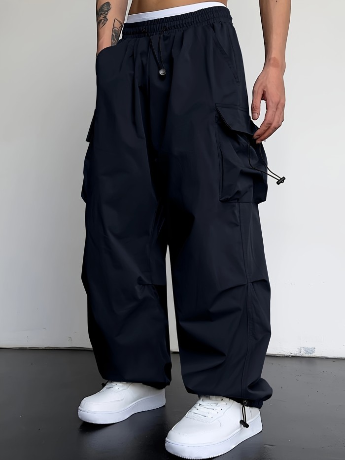 Trendy Y2K Solid Cargo Pants, Men's Multi Flap Pocket Trousers, Loose Casual Outdoor Pants, Men's Work Pants Outdoors Streetwear Hip Hop Style