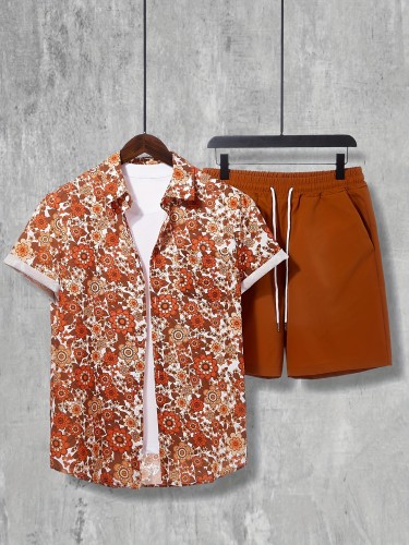 2-piece Men's Vintage Summer Vacation Outfit Set, Men's Floral Print Short Sleeve Lapel Shirt & Solid Drawstring Shorts Set