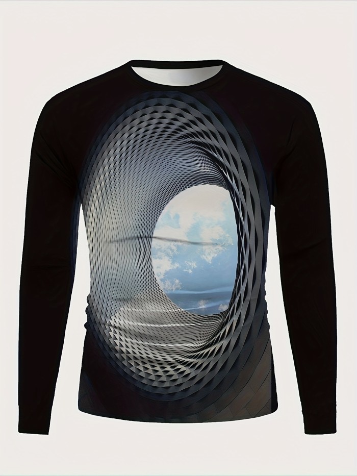 3D Geometric Print Men's Trendy Graphic Long Sleeve Fit T-shirt, Spring Fall