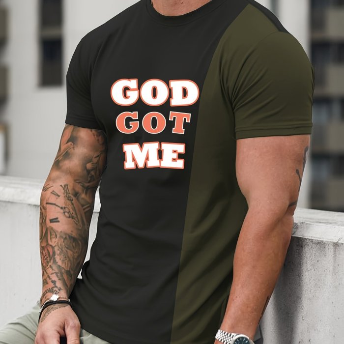 ''GOD GOT ME'' Men's Color Block T-shirt, Casual Stretch Loose Tees For Summer