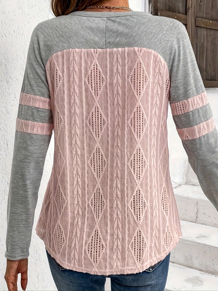 Colorblock Textured Tie Front T-Shirt, Casual Long Sleeve Top For Spring & Fall, Women's Clothing