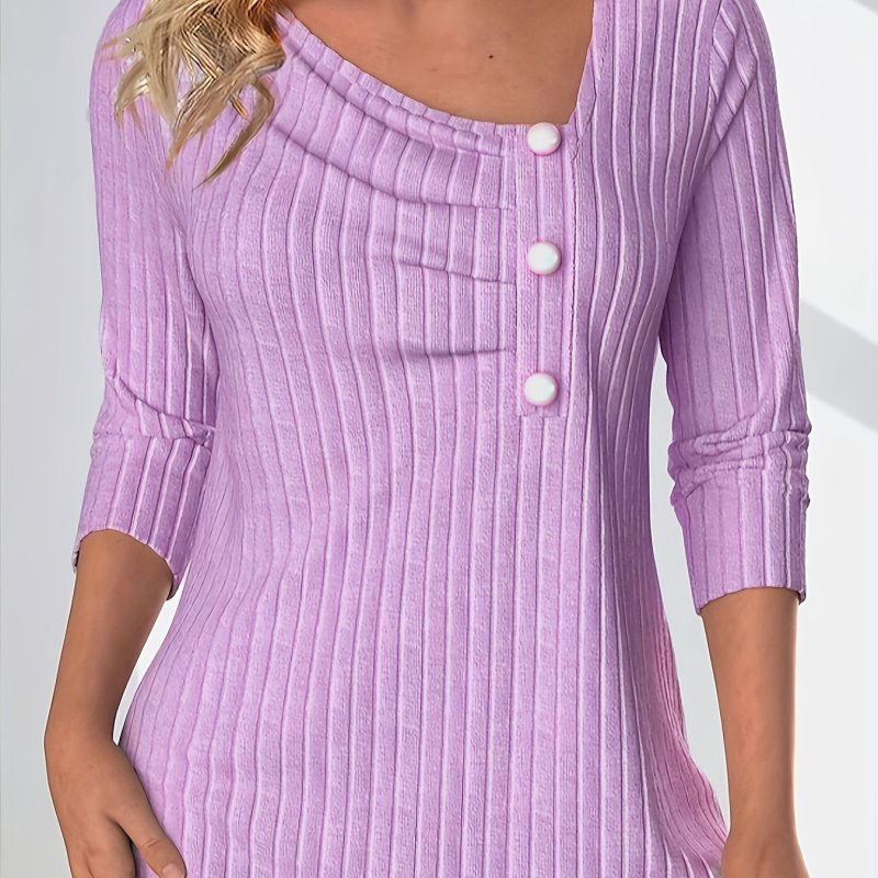 Button Decor Asymmetrical Neck T-shirt, Casual Long Sleeve Top For Spring & Fall, Women's Clothing