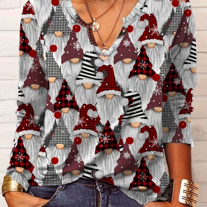 Aztec Print Notched Neck T-shirt, Boho Long Sleeve Ethnic T-shirt, Women's Clothing