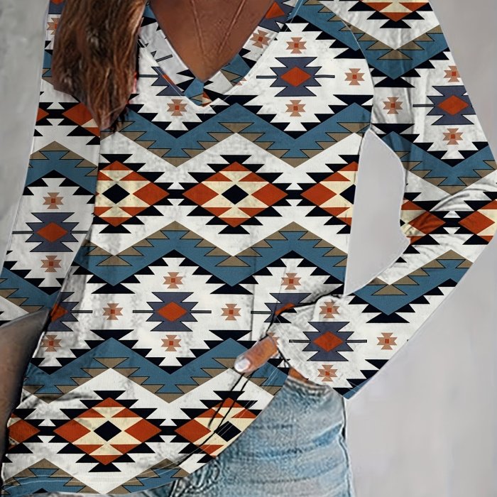 Aztec Print Notched Neck T-shirt, Boho Long Sleeve Ethnic T-shirt, Women's Clothing