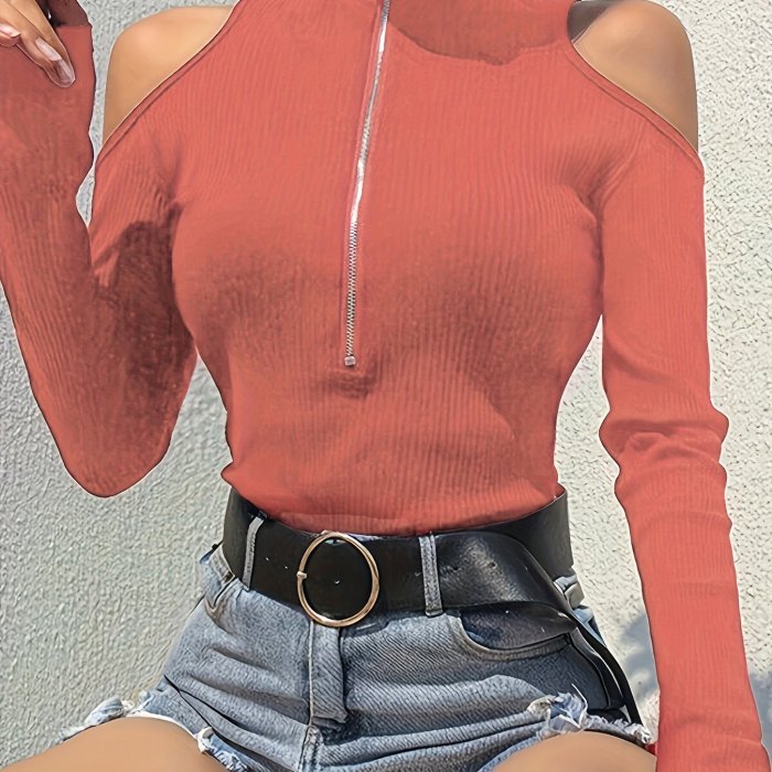 Ribbed Zip Front Mock Neck T-Shirt, Casual Cold Shoulder Long Sleeve Top For Spring & Fall, Women's Clothing