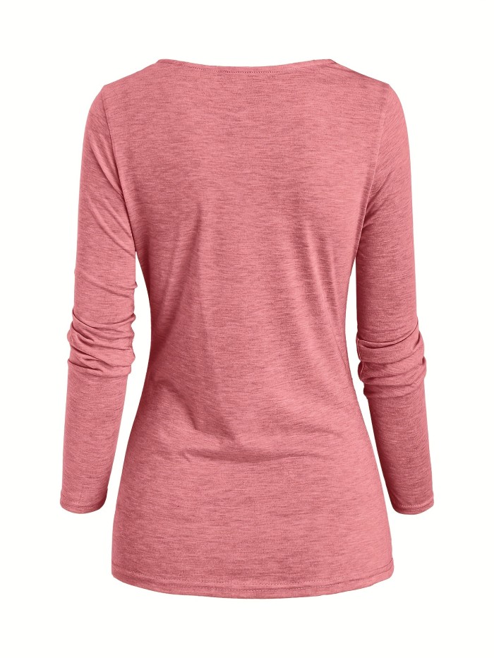 Solid Cowl Neck Fake Button T-shirt, Elegant Long Sleeve T-shirt For Spring & Fall, Women's Clothing
