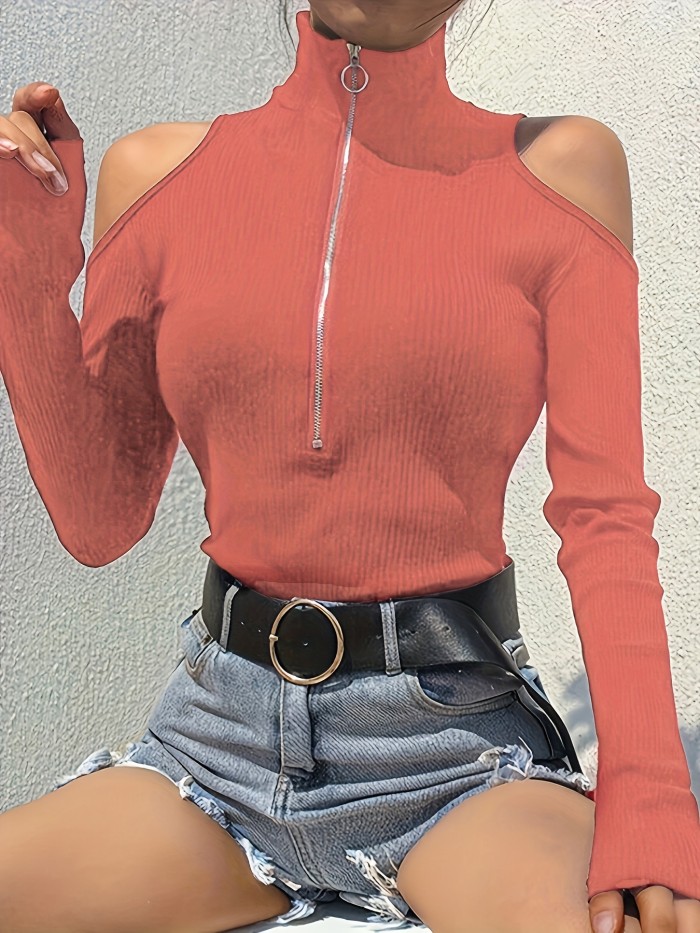 Ribbed Zip Front Mock Neck T-Shirt, Casual Cold Shoulder Long Sleeve Top For Spring & Fall, Women's Clothing