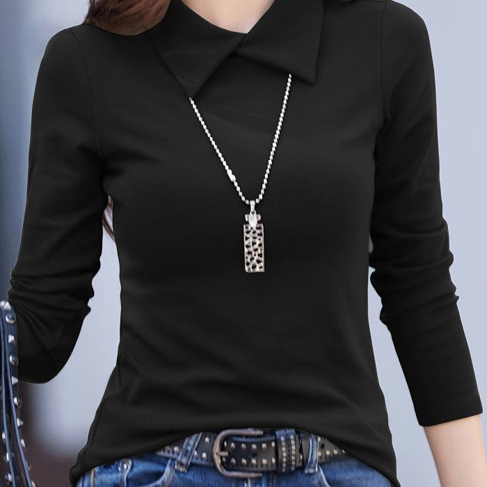 Solid Lapel Collar Cotton T-shirt, Long Sleeve Slim Elegant Top, Women's Clothing