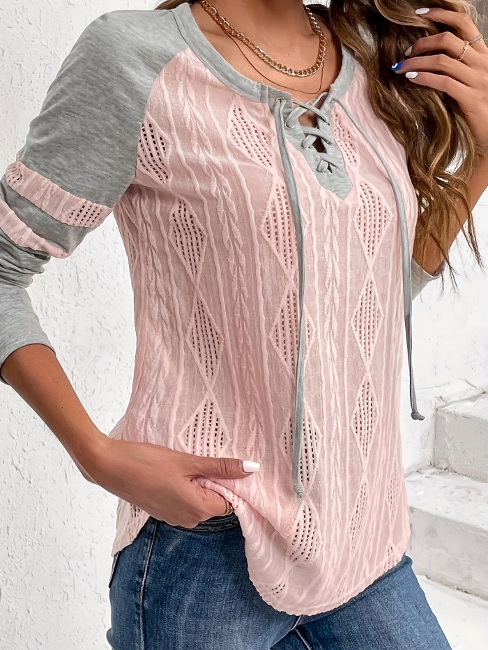 Colorblock Textured Tie Front T-Shirt, Casual Long Sleeve Top For Spring & Fall, Women's Clothing