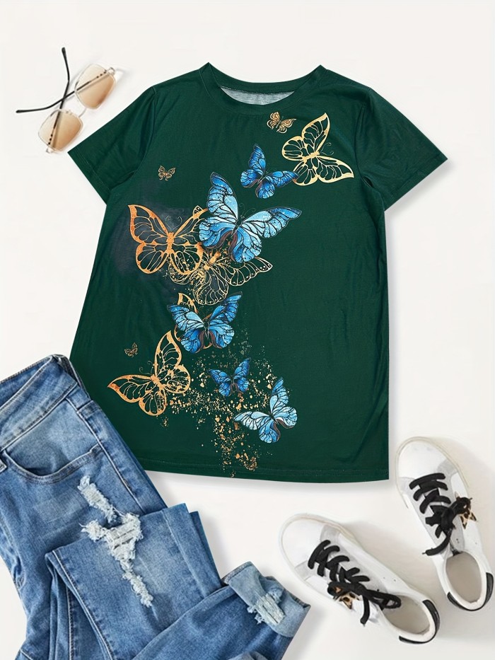 Butterfly Print Crew Neck T-Shirt, Casual Short Sleeve T-Shirt For Spring & Summer, Women's Clothing