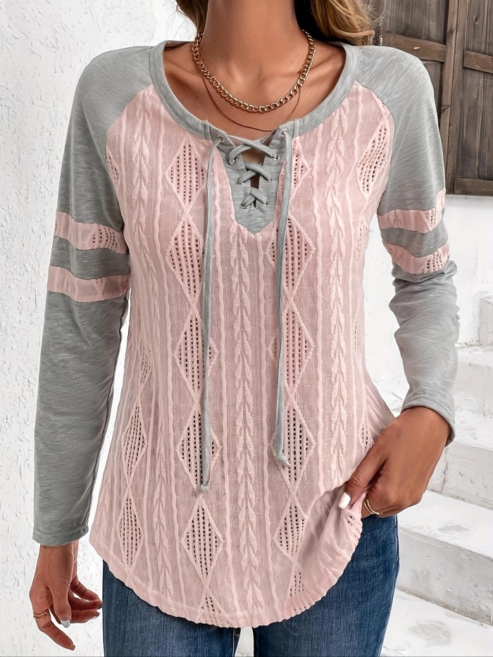 Colorblock Textured Tie Front T-Shirt, Casual Long Sleeve Top For Spring & Fall, Women's Clothing
