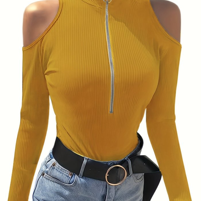 Ribbed Zip Front Mock Neck T-Shirt, Casual Cold Shoulder Long Sleeve Top For Spring & Fall, Women's Clothing