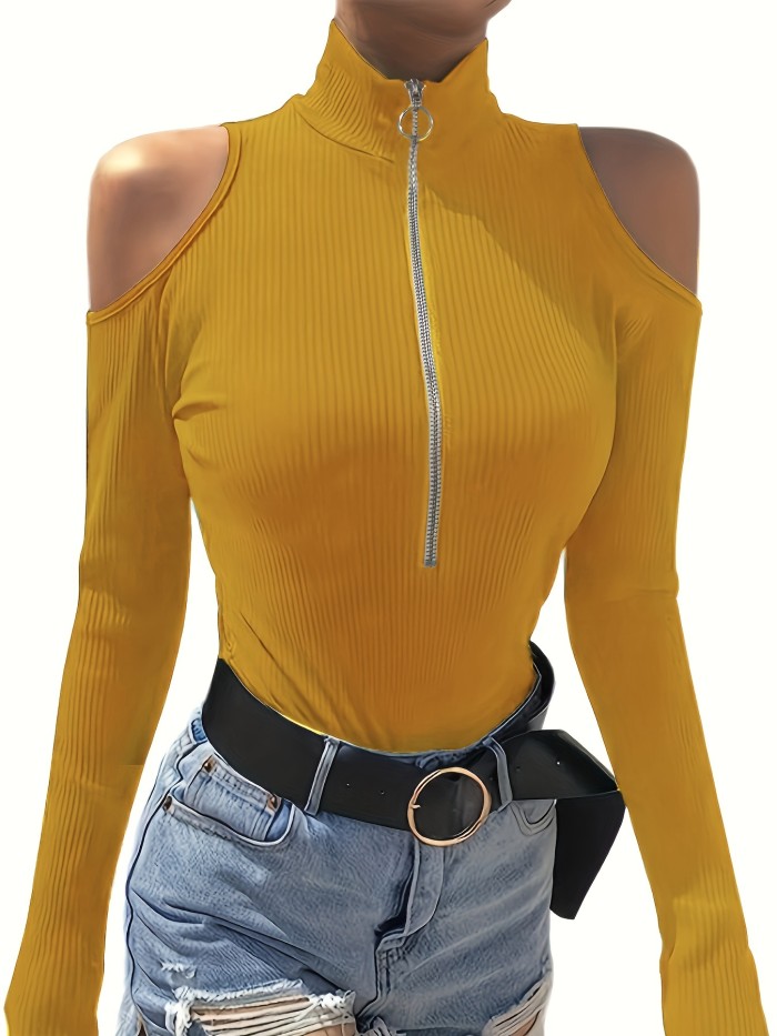 Ribbed Zip Front Mock Neck T-Shirt, Casual Cold Shoulder Long Sleeve Top For Spring & Fall, Women's Clothing