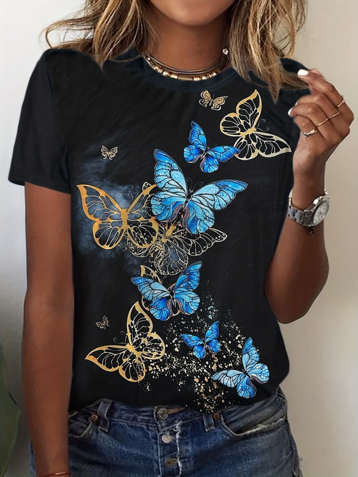 Butterfly Print Crew Neck T-Shirt, Casual Short Sleeve T-Shirt For Spring & Summer, Women's Clothing