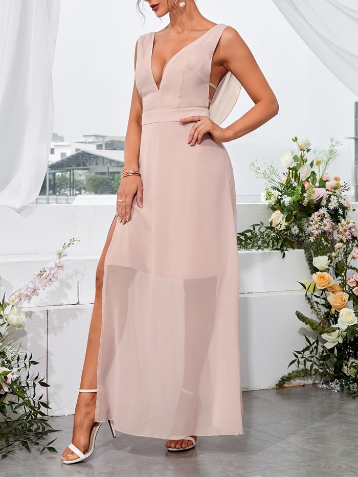 Sexy Slit Lace Cutout Backless Dress, Elegant V-neck Waist Cocktail Bridesmaid Evening Long Dresses, Women's Clothing