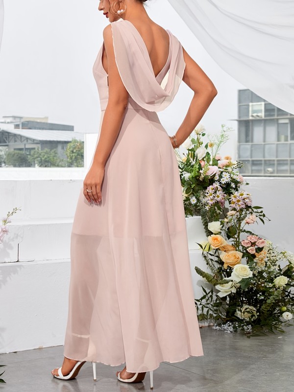 Sexy Slit Lace Cutout Backless Dress, Elegant V-neck Waist Cocktail Bridesmaid Evening Long Dresses, Women's Clothing