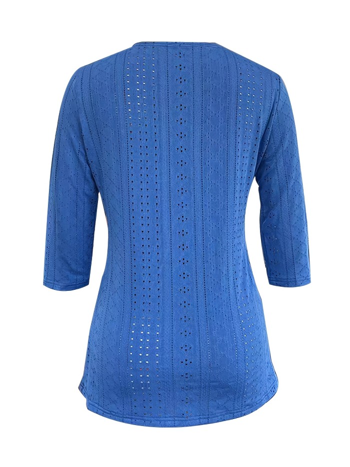 Contrast Lace Button Decor T-Shirt, Casual Eyelet Top For Spring & Fall, Women's Clothing