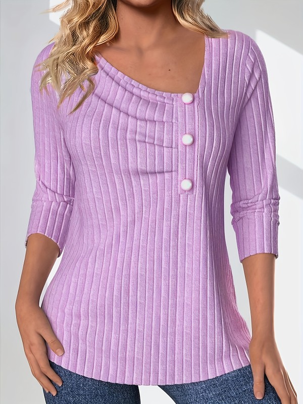 Button Decor Asymmetrical Neck T-shirt, Casual Long Sleeve Top For Spring & Fall, Women's Clothing