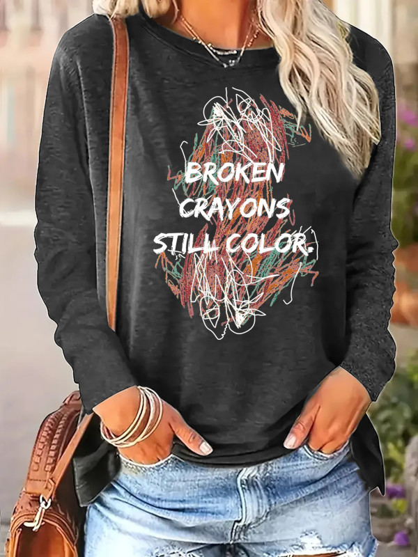 Broken Crayons Print -shirt, Casual Long Sleeve Crew Neck Top For Spring & Fall, Women's Clothing