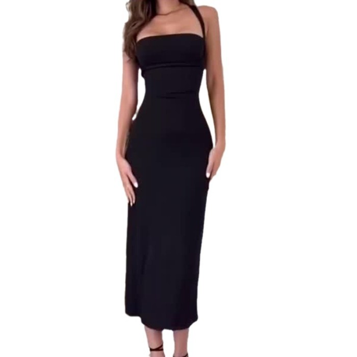 Women's Solid Color Halter Neck Sexy Strappy Backless Slim Fit Hip Dress