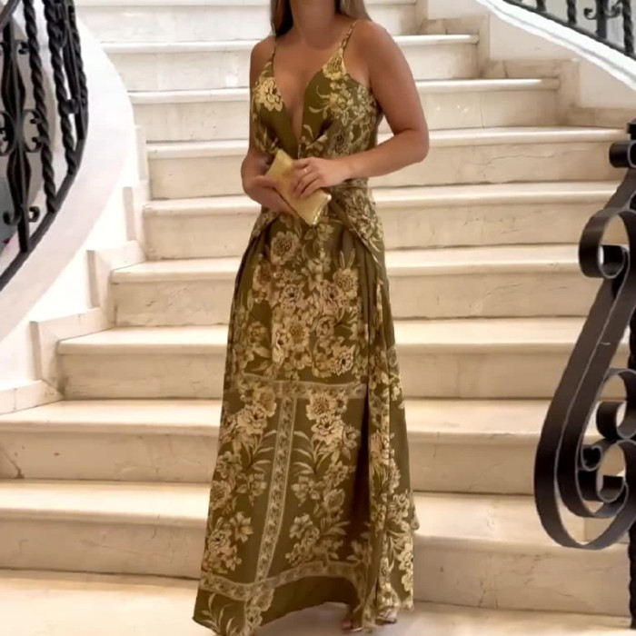 Women's Bohemian Fashion Printed Casual Vacation Suspender Long Skirt