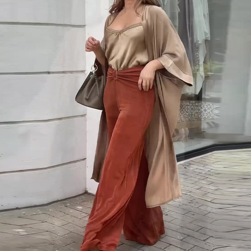 Women's Fashion Solid Color Satin High Waisted Wide Leg Pants Suit