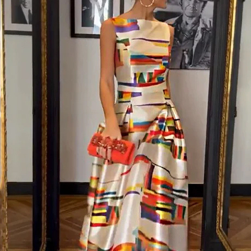 Women's Fashion Casual Printed Waist Slim Sleeveless Dress