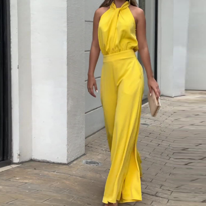 Elegant and Fashionable Round Neck Sleeveless High Waist Solid Color Wide Leg Two-piece Set