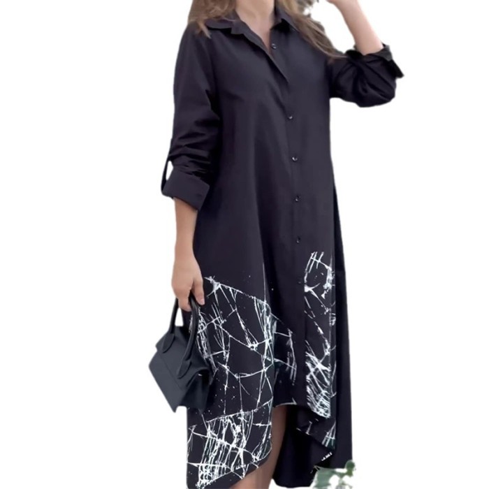 Fashionable Contrast Color Printed Buttoned Long Sleeve Wide Shirt Dress