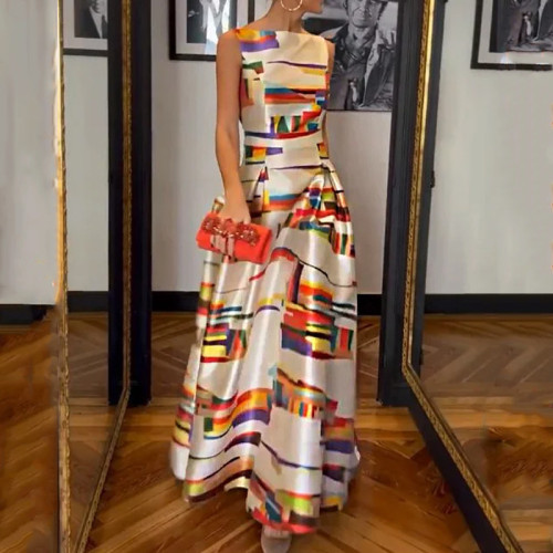 Women's Fashion Casual Printed Waist Slim Sleeveless Dress