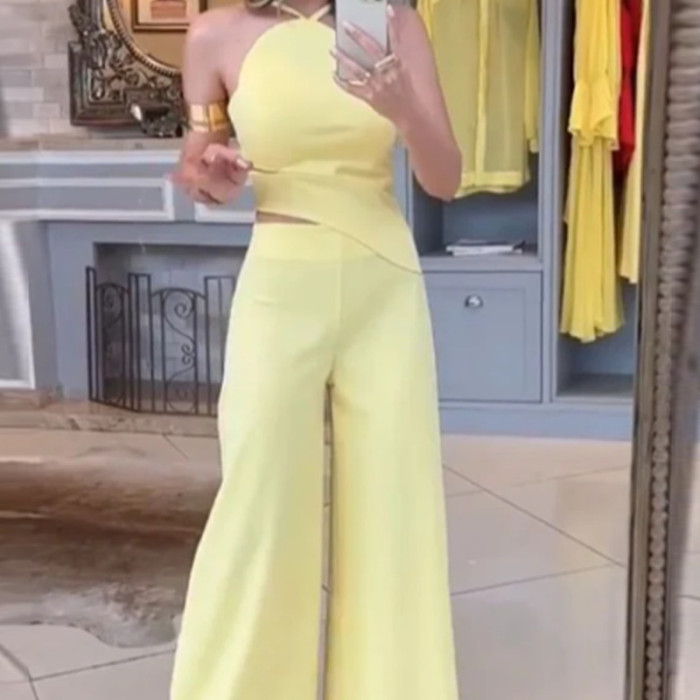 Women's Fashion Sexy Hollow Backless Solid Color Wide Leg Jumpsuit