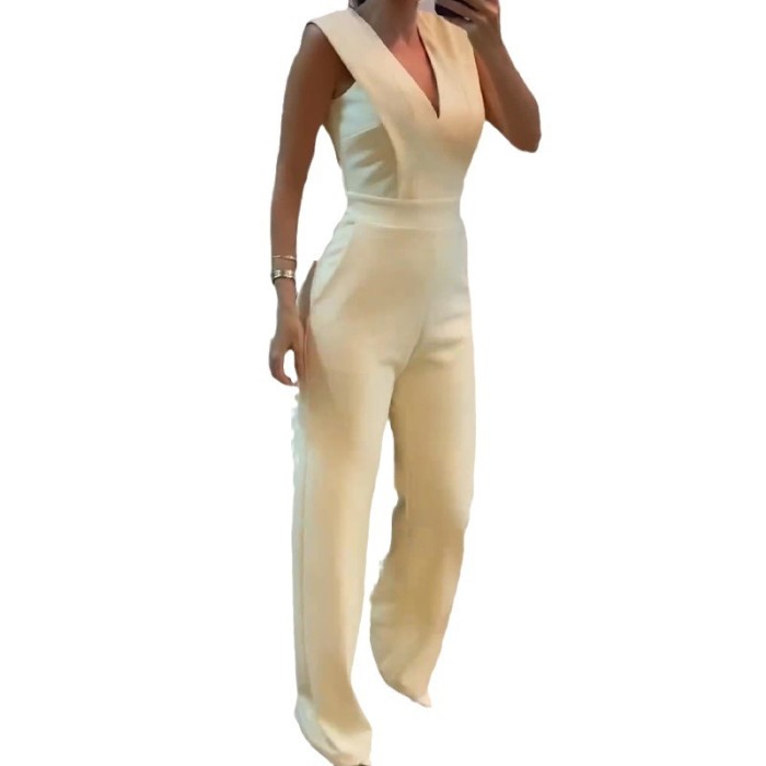 Elegant, Sexy and Fashionable V-neck High Waist Solid Color Straight Jumpsuit