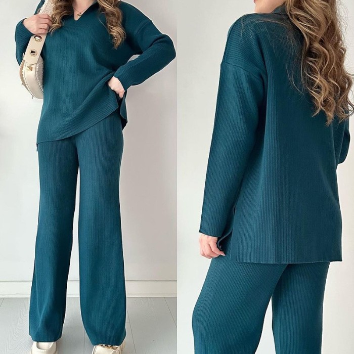 Women's Solid Color Fashion Lapel Loose Casual Two-piece Set