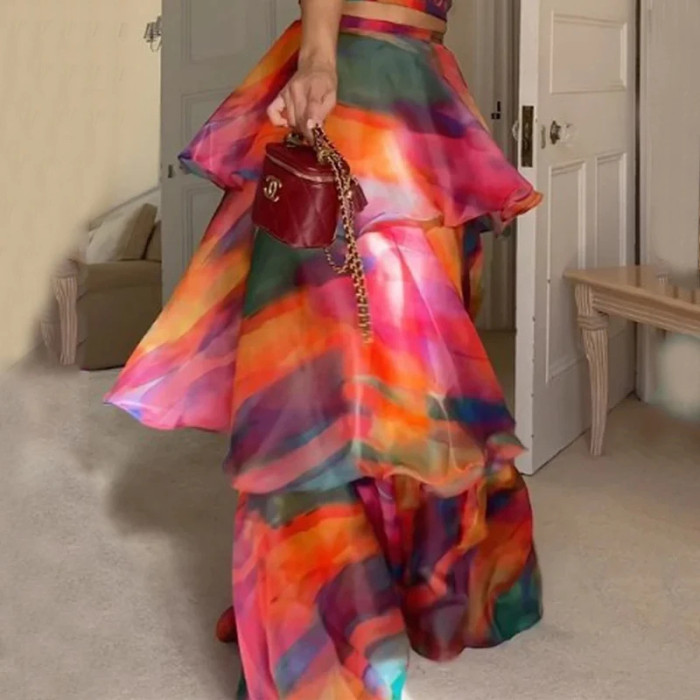 Fashionable Printed Round Neck Sleeveless Waist Puff Cake Dress