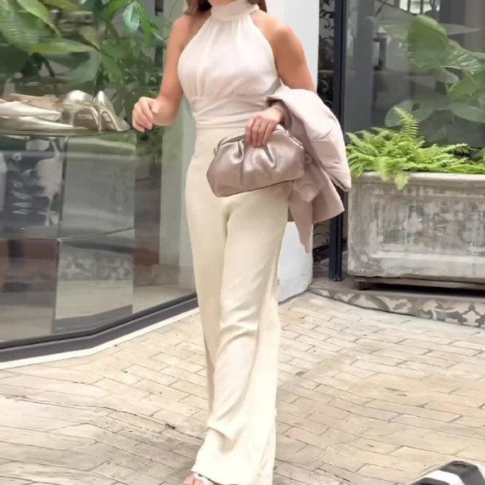 Fashionable Solid Color Round Neck Sleeveless Top Wide Leg Pants Casual Suit